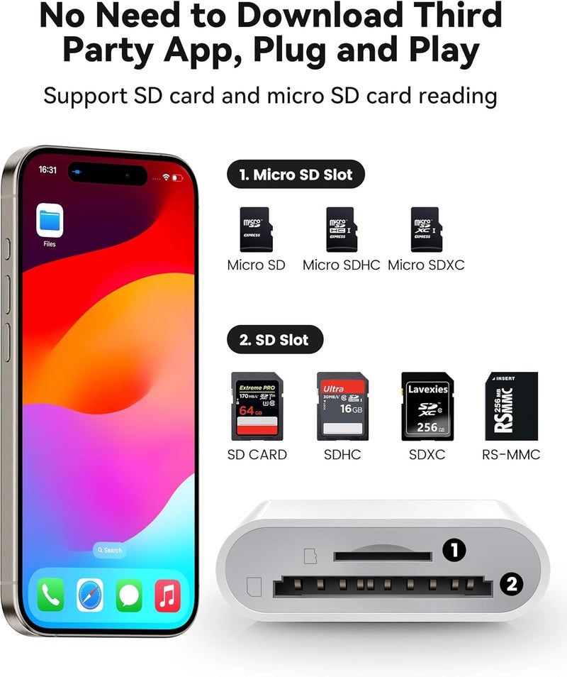 xdgeLoad USB C SD Card Reader for iPhone 15 16/iPad/MacBook/Mac, USB-C Type C SD Reader Supports SD and MicroSD Memory Card Adapter, Trail Camera Viewer Plug and Play - 2 Slots - Image 2